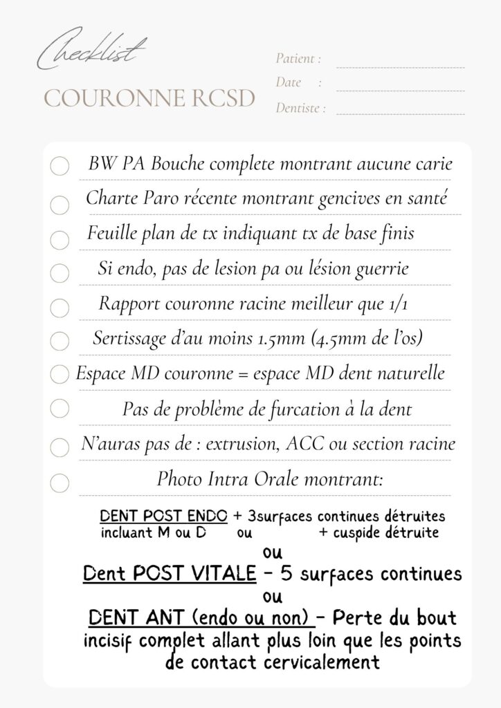 Checklist dentistes pour aider a l'approbation des cas de couronnes RCSD
